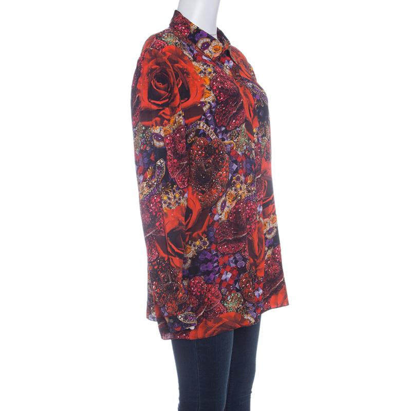 Brown Matthew Williamson Red Precious Rose and Jewel Print Long Sleeve Blouse L