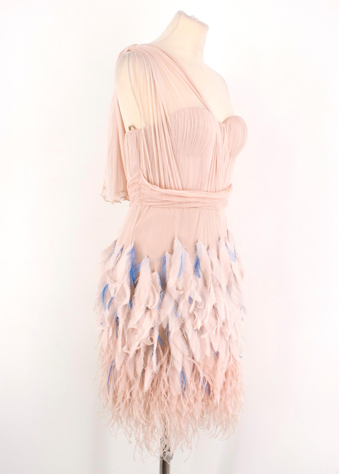 Matthew Williamson Silk & Feather Tulle Dress

- Boned at the bodice
- Feather embellished from the waist down
- Tulle-style
- Draped one shoulder
- Mini-length 
- Sweetheart neckline
- Concealed side zipper with hook and eye fastening

Please note,