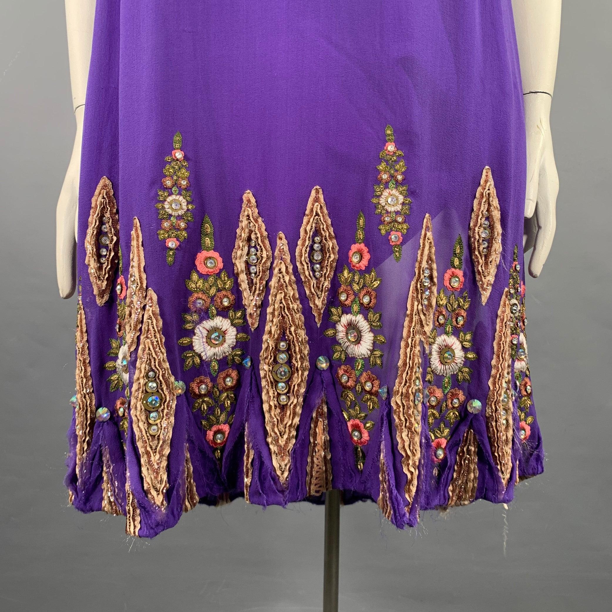 MATTHEW WILLIAMSON Size 10 Purple Gold Silk Embroidered Sleeveless Dress In Good Condition For Sale In San Francisco, CA