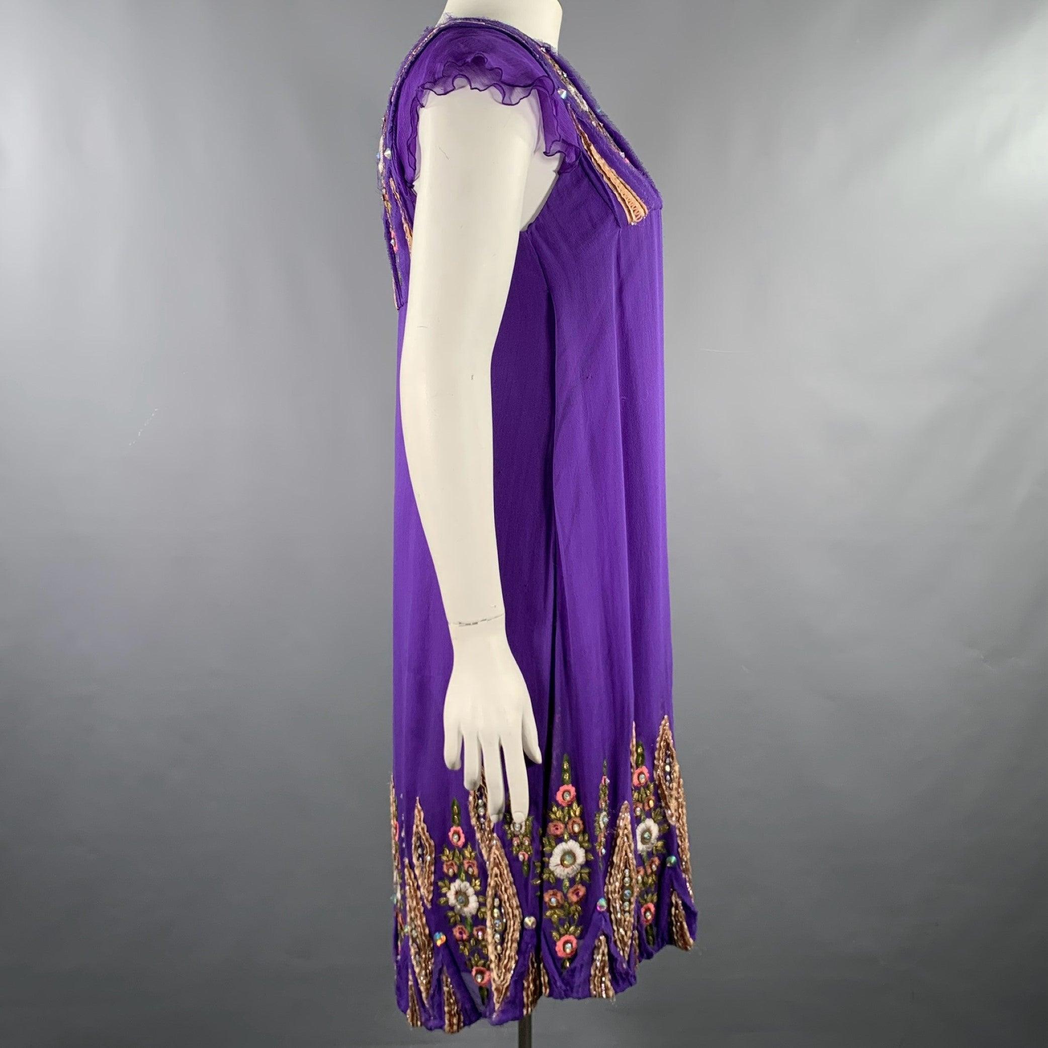 Women's MATTHEW WILLIAMSON Size 10 Purple Gold Silk Embroidered Sleeveless Dress For Sale