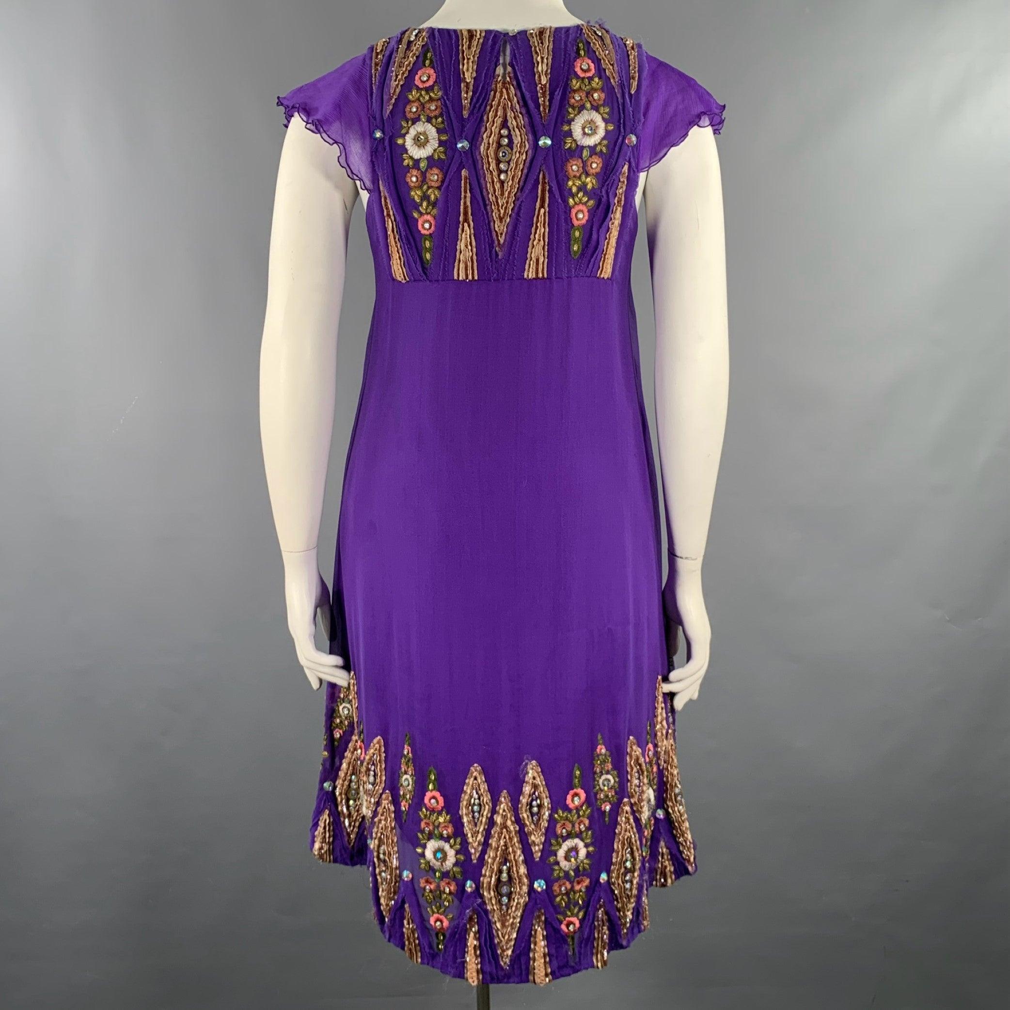 MATTHEW WILLIAMSON Size 10 Purple Gold Silk Embroidered Sleeveless Dress For Sale 1
