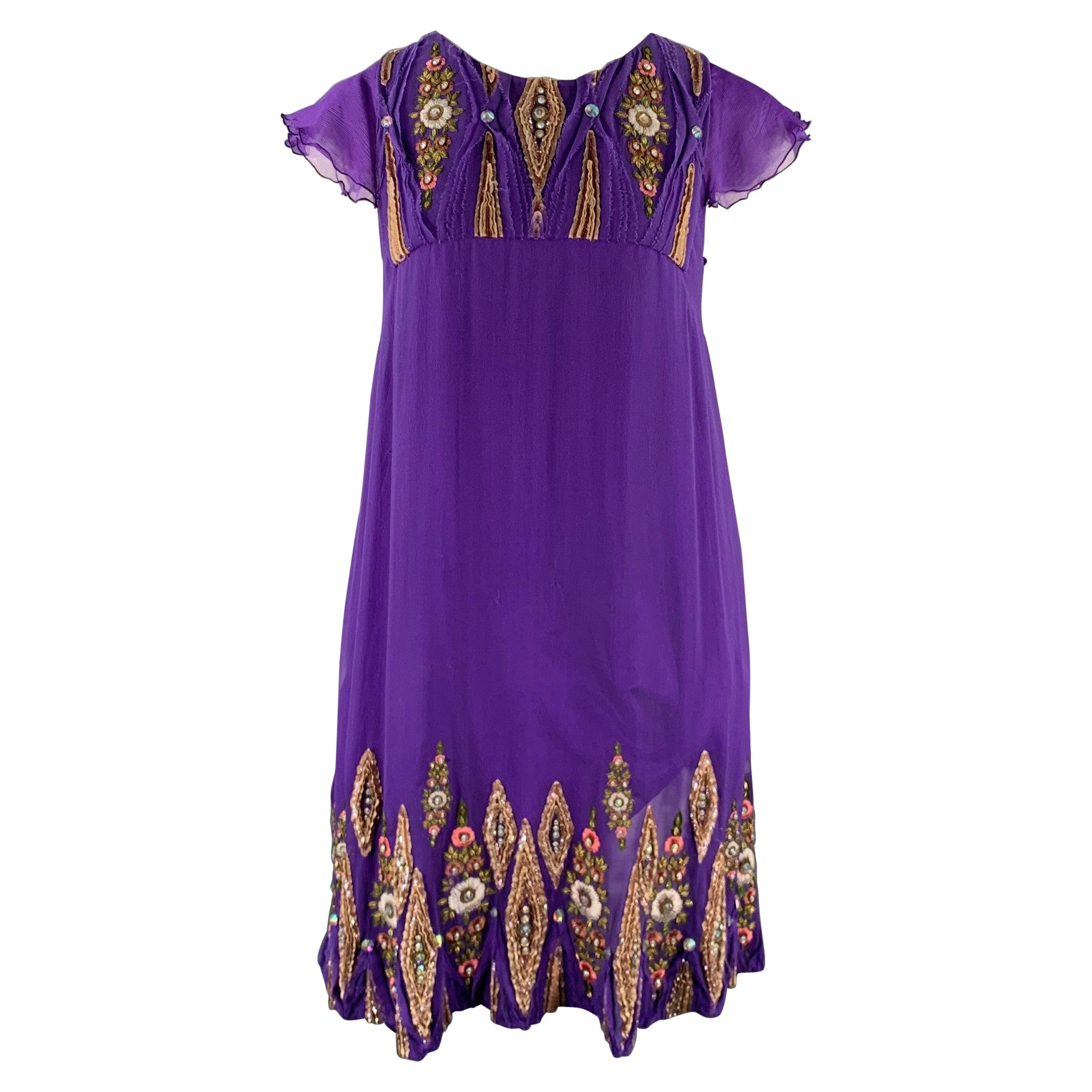 MATTHEW WILLIAMSON Size 10 Purple Gold Silk Embroidered Sleeveless Dress (Robe sans manches en soie brodée) en vente