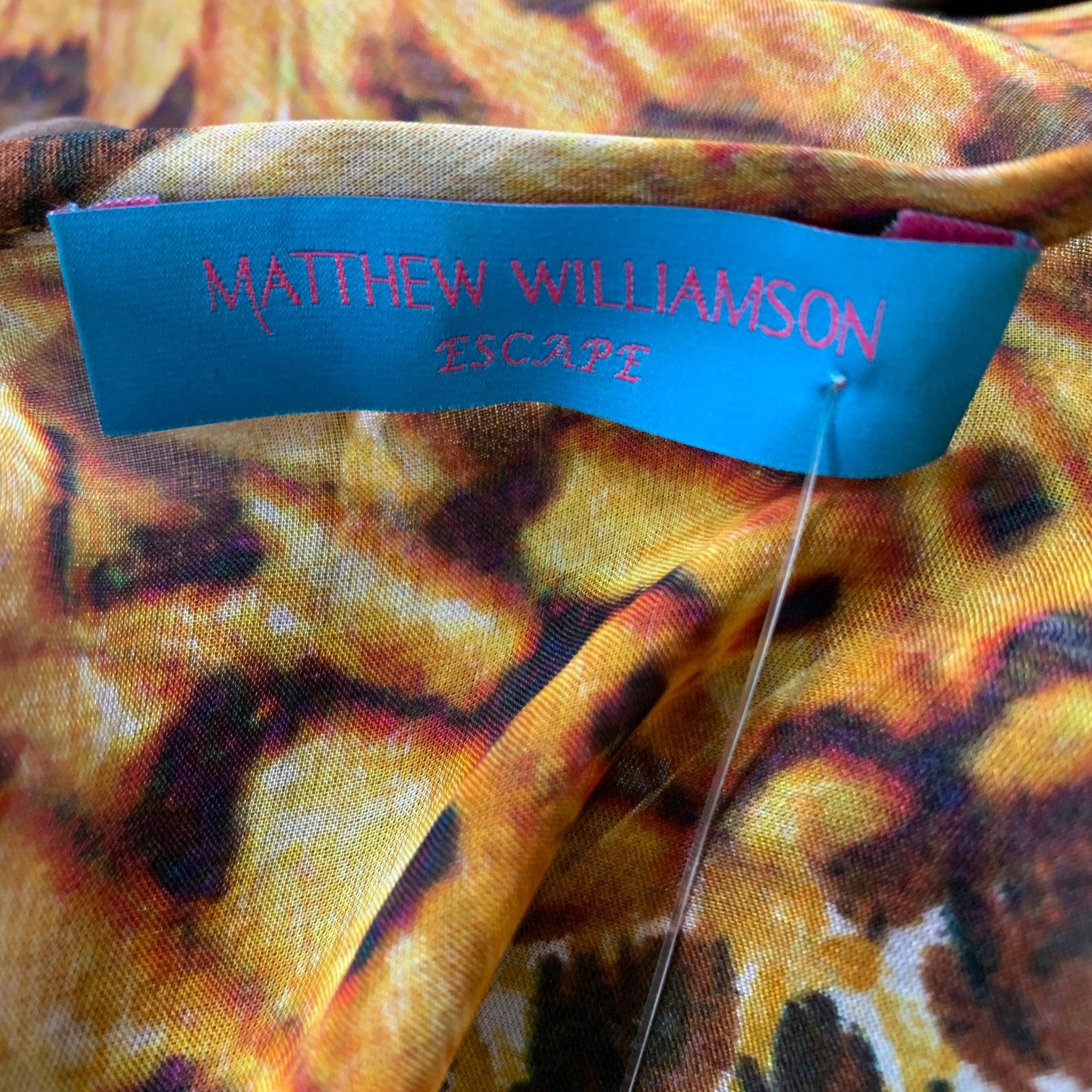 MATTHEW WILLIAMSON Size 6 Brown Yellow Silk Butterflies Belted Casual Top (Top décontracté avec ceinture) Pour femmes en vente
