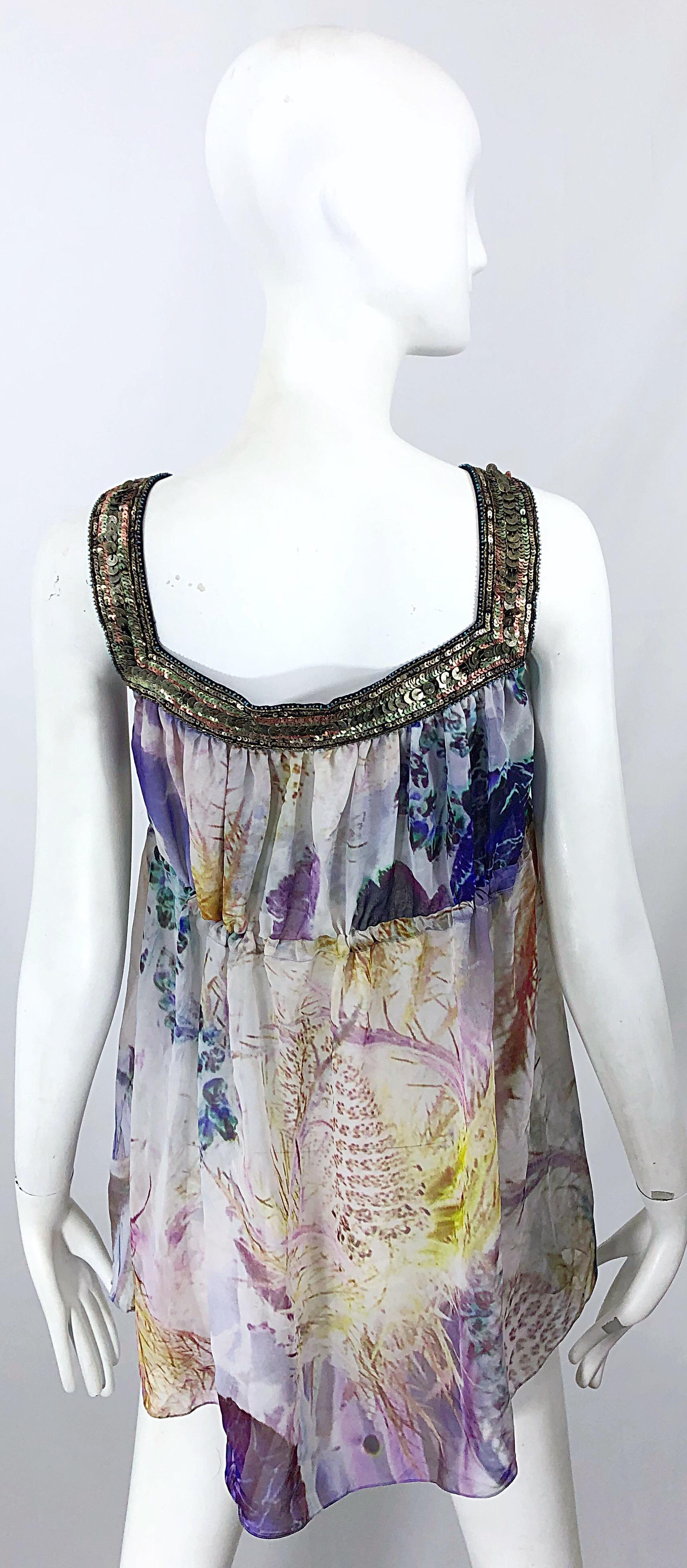 Matthew Williamson Size 8 Geography Print Chiffon Empire Waist Sequined Blouse For Sale 6
