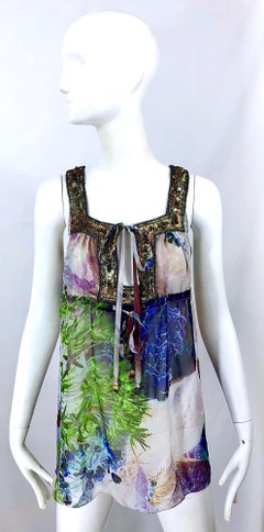 Matthew Williamson Size 8 Geography Print Chiffon Empire Waist Sequined Blouse