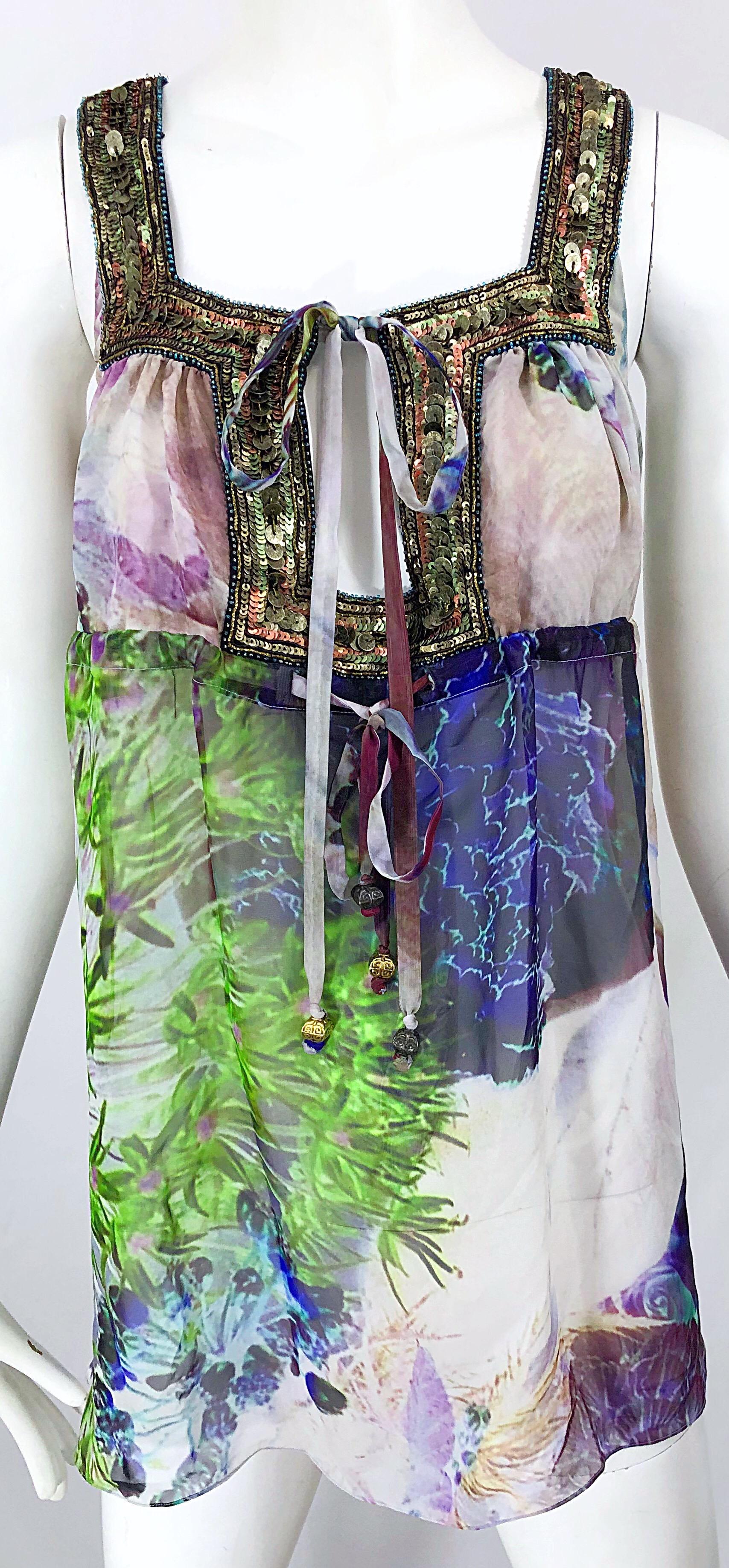 Matthew Williamson - Blouse Empire à paillettes en mousseline de soie à imprimé géographique, taille 8 Pour femmes en vente