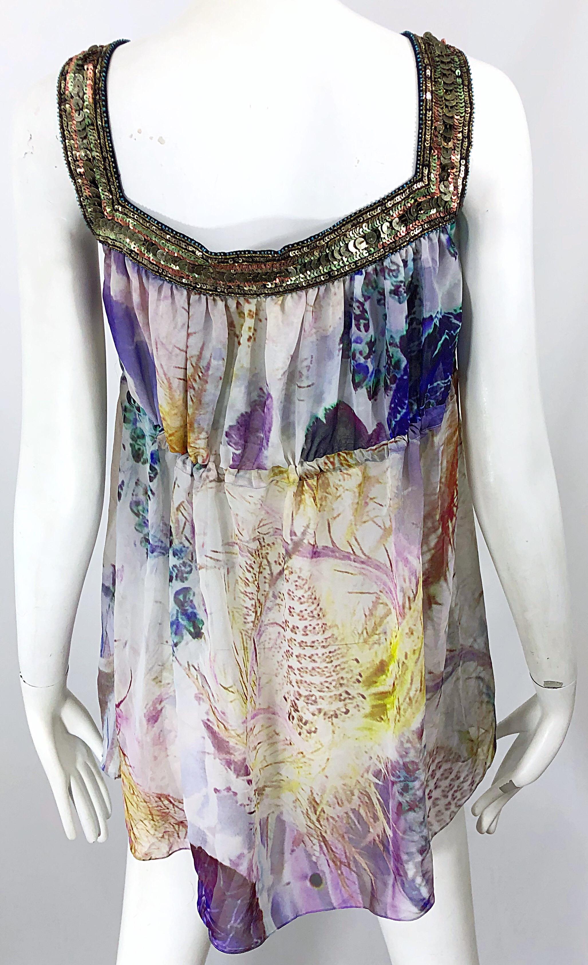 Matthew Williamson Size 8 Geography Print Chiffon Empire Waist Sequined Blouse For Sale 2