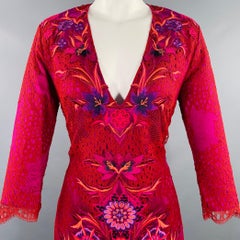 MATTHEW WILLIAMSON Size M Red Fuchsia Nylon Embroidered 3/4 Sleeves Dress
