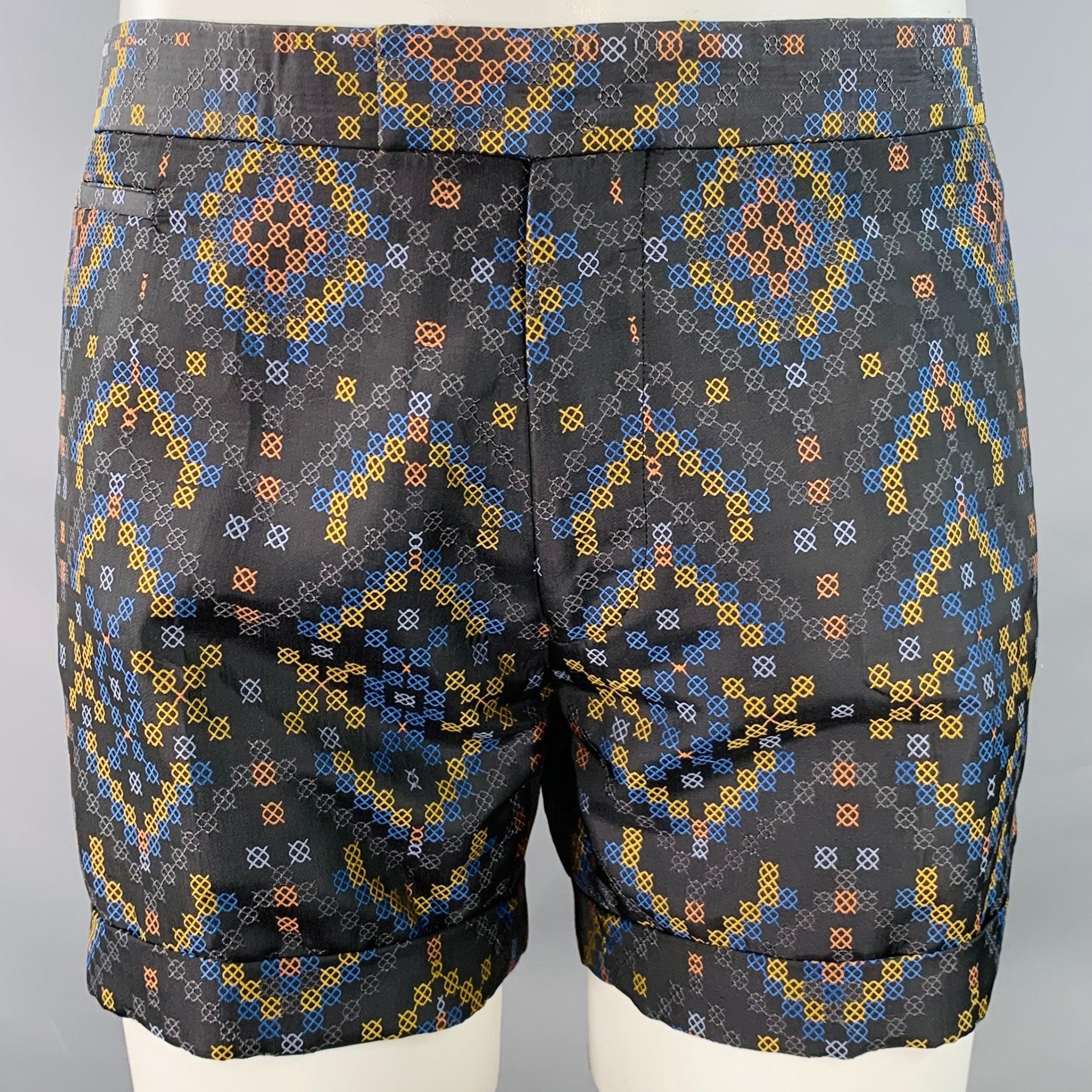 MATTHEW WILLIAMSON Größe S Schwarz Mehrfarbig Texturiertes Polyester Seide Shorts Anzug Herren im Angebot