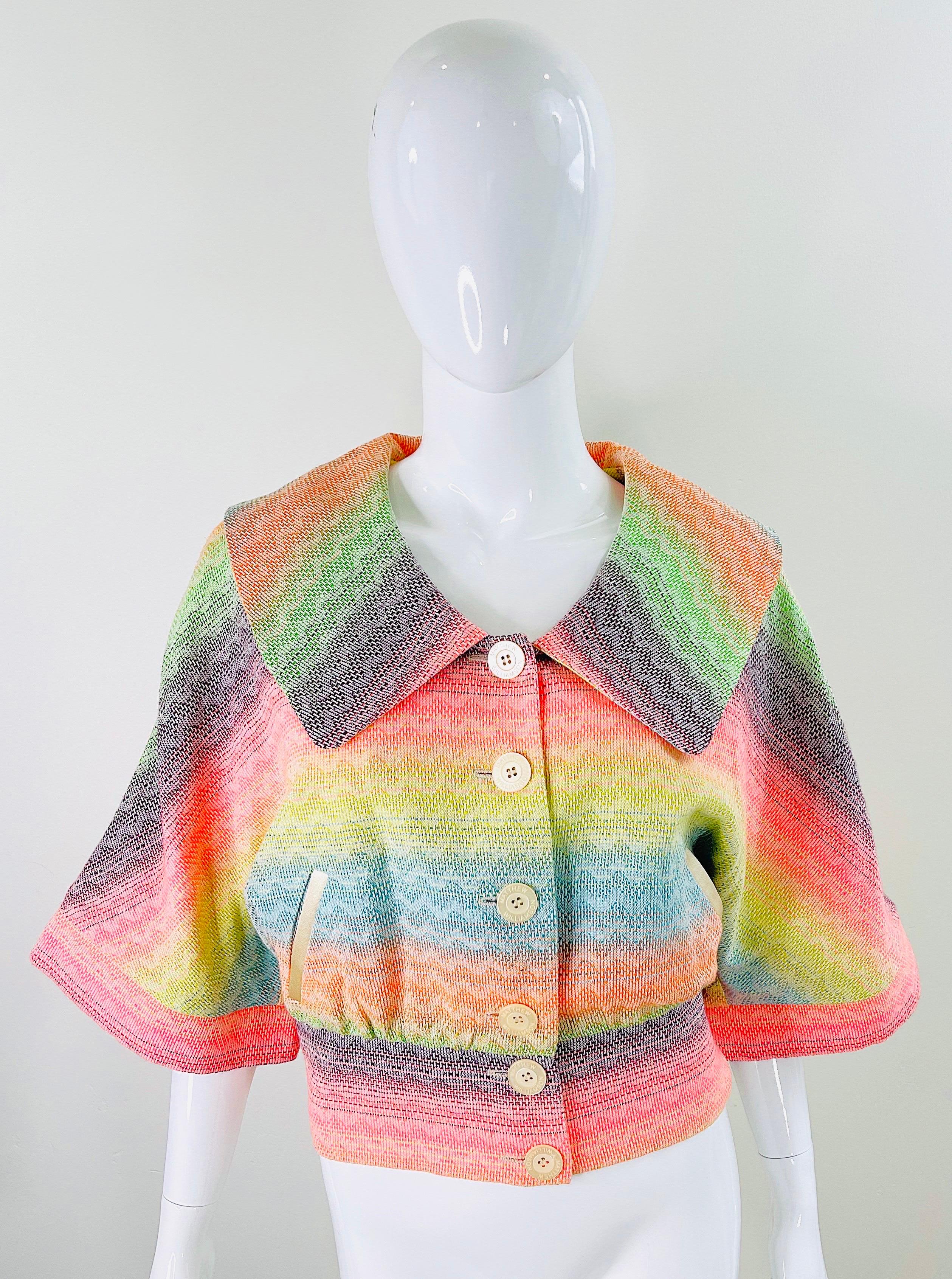Matthew Williamson Spring 2002 Sz 8 Colorful Rainbow Striped 3/4 Sleeves Jacket  In Excellent Condition For Sale In San Diego, CA