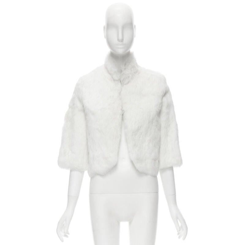 Gray MATTHEW WILLIAMSON white natural fur 3/4 sleeve cropped jacket UK8 S For Sale