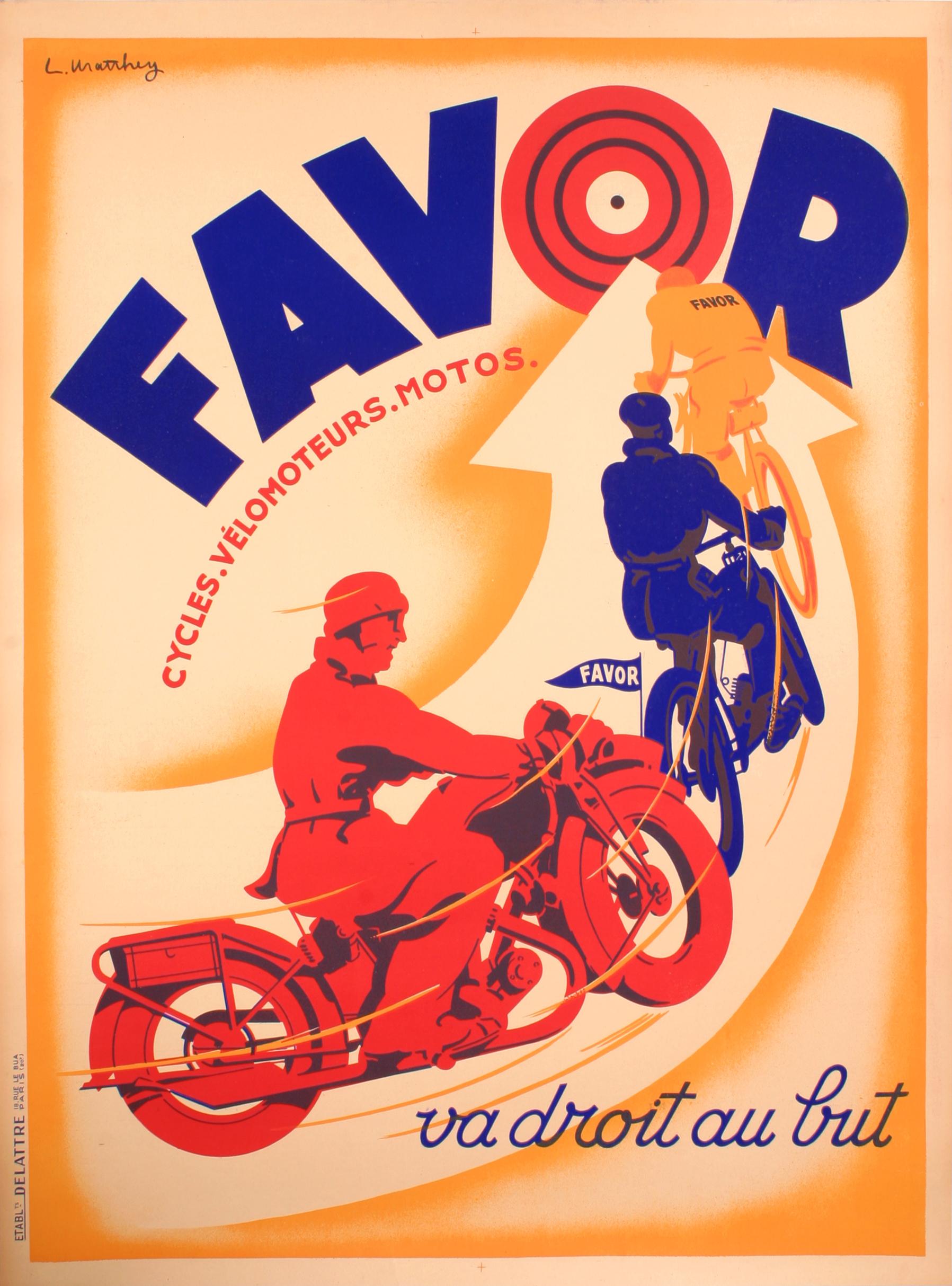 French Matthey, Original Art Deco Motorcycle Poster, Favor Bicycle, Moped, 1925 For Sale