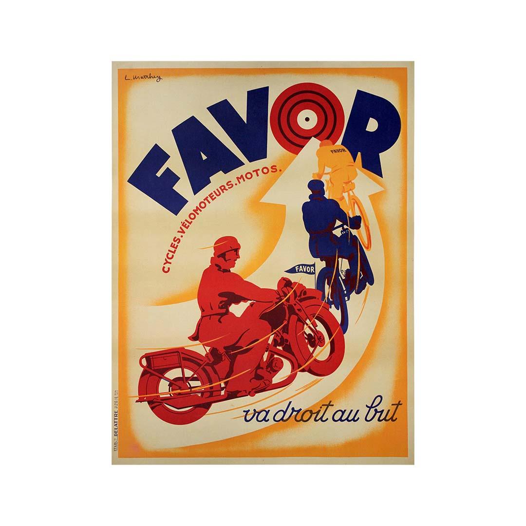 Circa 1920 original poster by Matthey for Favor cycles vélomoteurs motos For Sale 3
