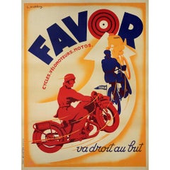 Antique Circa 1920 original poster by Matthey for Favor cycles vélomoteurs motos