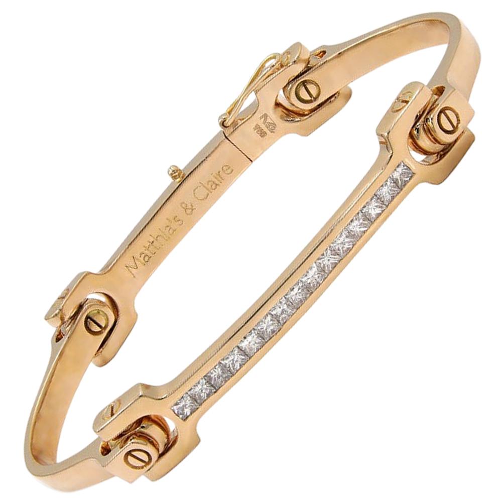 Matthia's & Claire 18 Karat Gold and Princess Cut Diamond "Skin" Bracelet Bangle For Sale