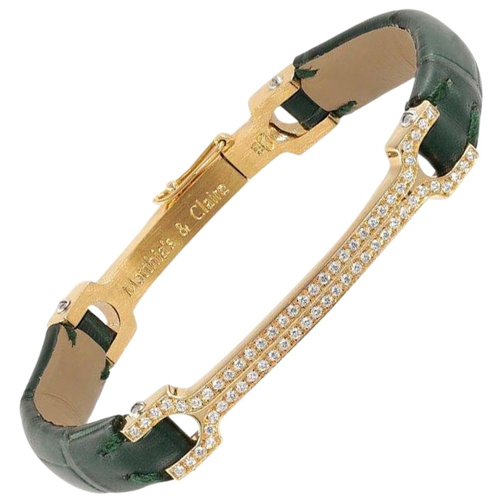 Matthia's & Claire 18 Karat Gold Pavé-Diamant Grünes Alligator-Armband „„Skin““