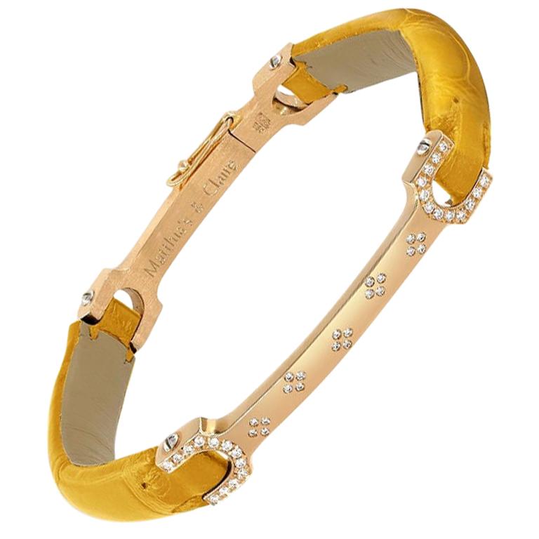 Matthia's & Claire 18 Karat Rose Gold Diamond, and Tan Alligator "Skin" Bracelet For Sale