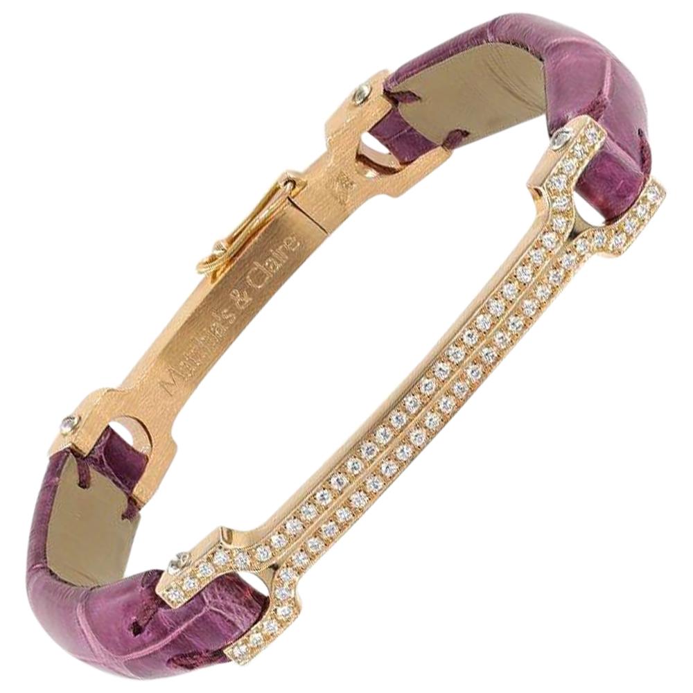 Matthia's & Claire: 18 Karat Roségold Diamant-Cluster-Armband aus pflaumenfarbenem Alligatorleder „„Skin“