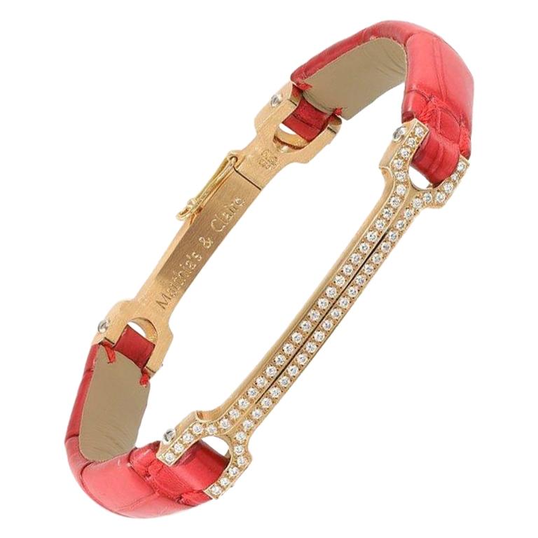 Matthia's & Claire 18 Karat Gold, Diamond, and Red Alligator "Skin" Bracelet For Sale