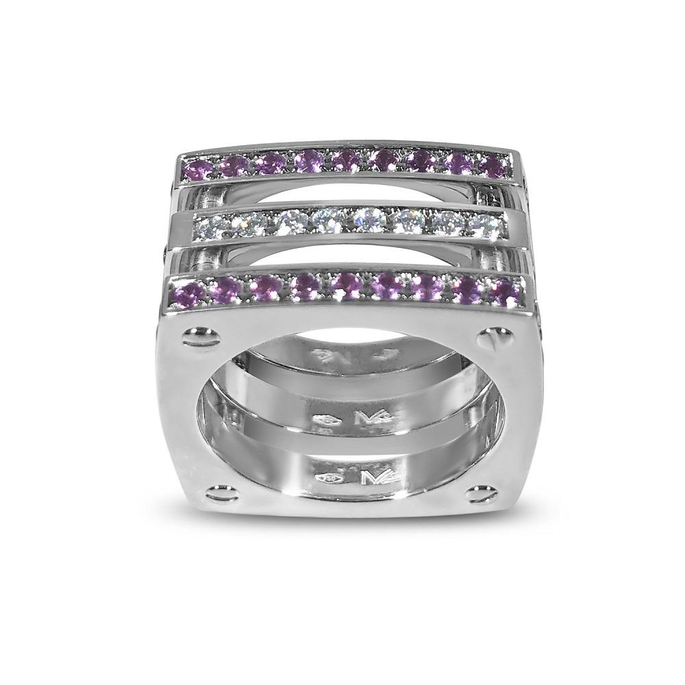 Modern Matthia's & Claire Cube Collection Triple Cube Ring WG with Pink Sapphires and D For Sale