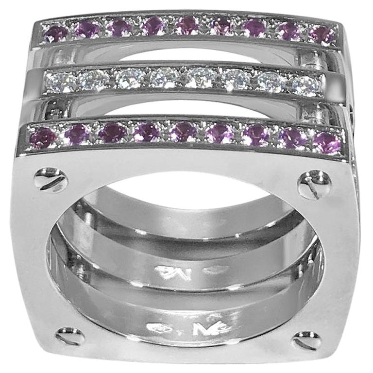 Matthia's & Claire Cube Collection Triple Cube Ring WG with Pink Sapphires and D For Sale