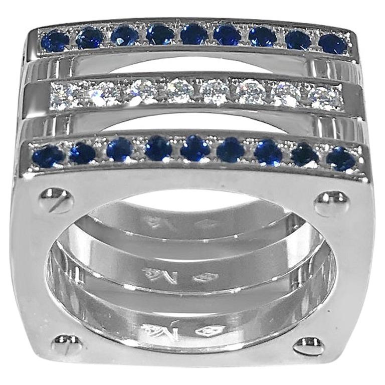 Matthia's & Claire "Cube" Triple Ring 18K WG with Diamonds and Blue Sapphires For Sale
