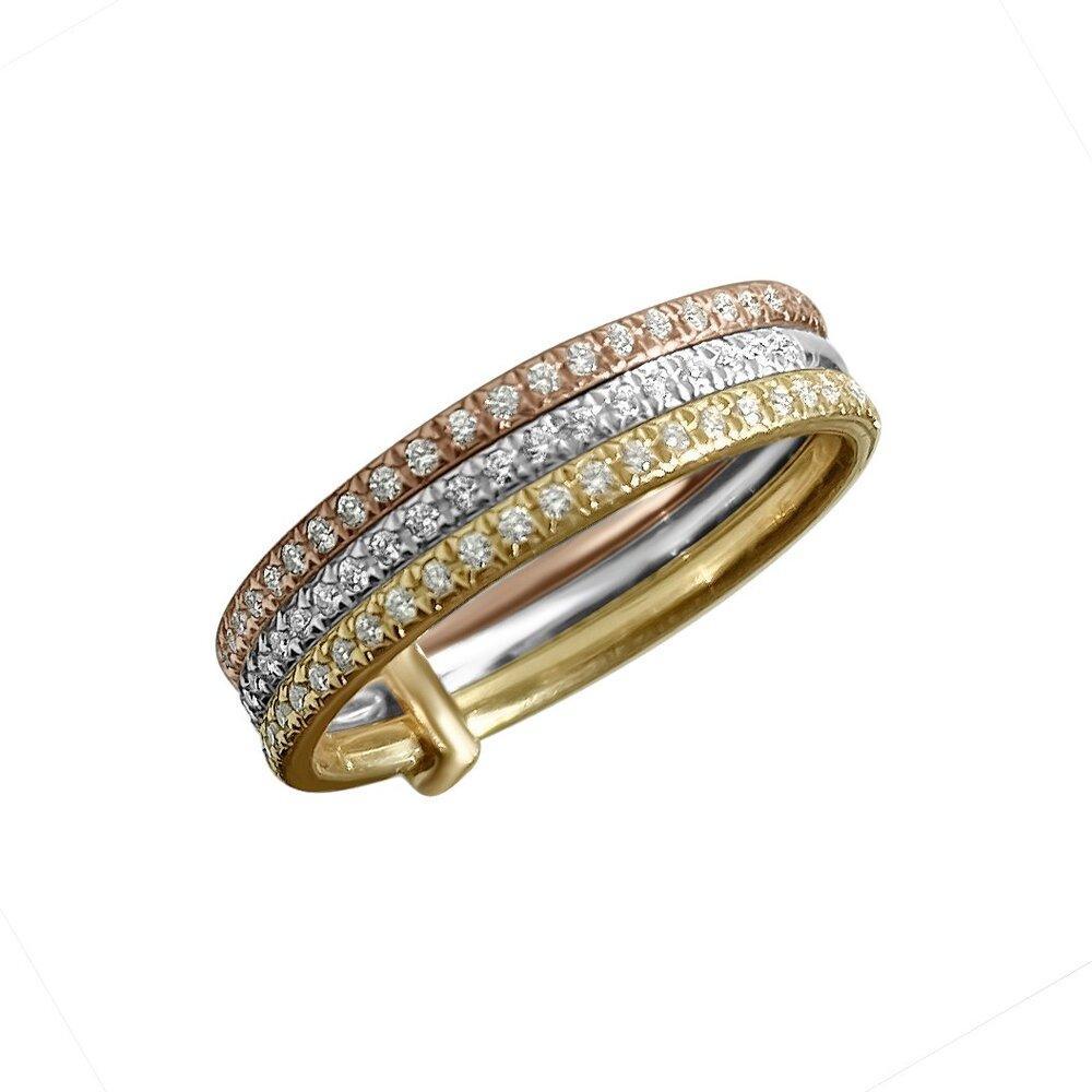 Matthia's & Claire Connected Triple Ring in 18K Tricolor Gold with Pavé White Diamonds

Our delicate ring set features three identically sized bands, with a sliding connector that keeps them attached. Our tricolor set features 3 pave white diamond