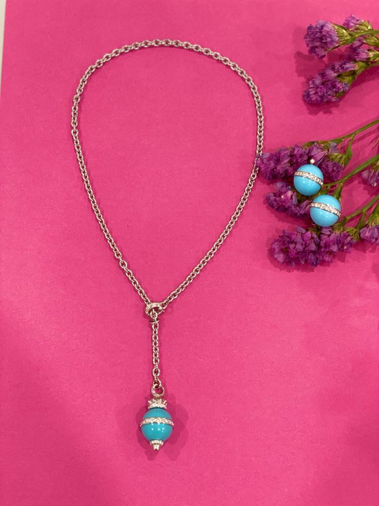 Artisan Matthia's & Claire Etrusca Collection 18K Turquoise and Diamond Lariat Pendant For Sale