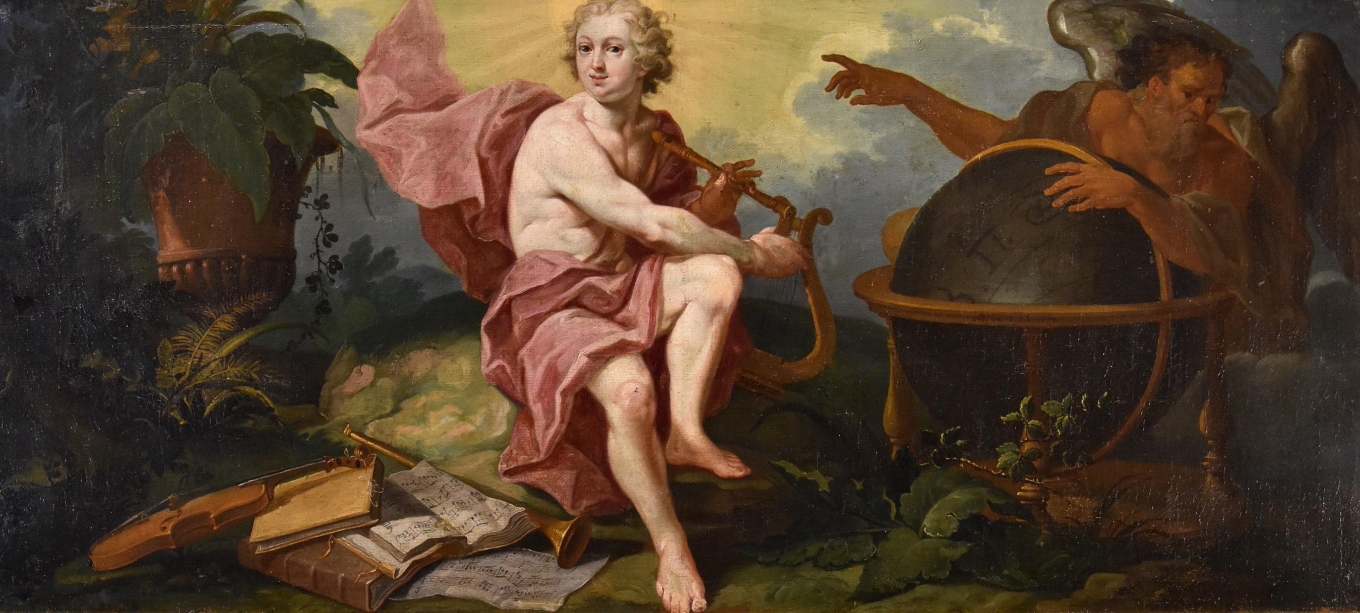 Allégorie Triomphe de l'art sur le temps De Visch Peinture 18e siècle Huile sur toile Art  - Painting de Matthias De Visch (1701 - 1765) 