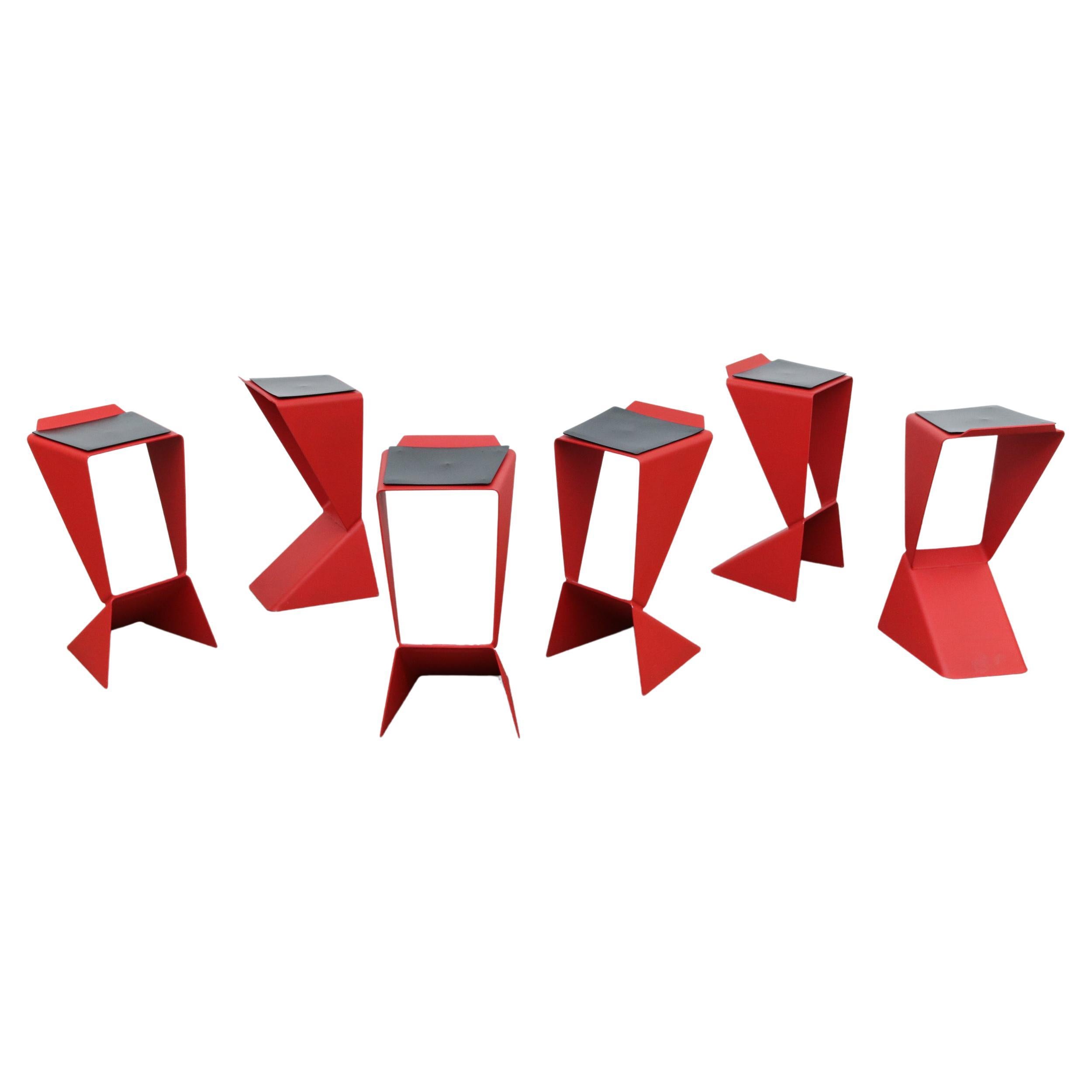 Matthias DeMacker "Icon" Red Geometric Enameled Bar Stools For Sale