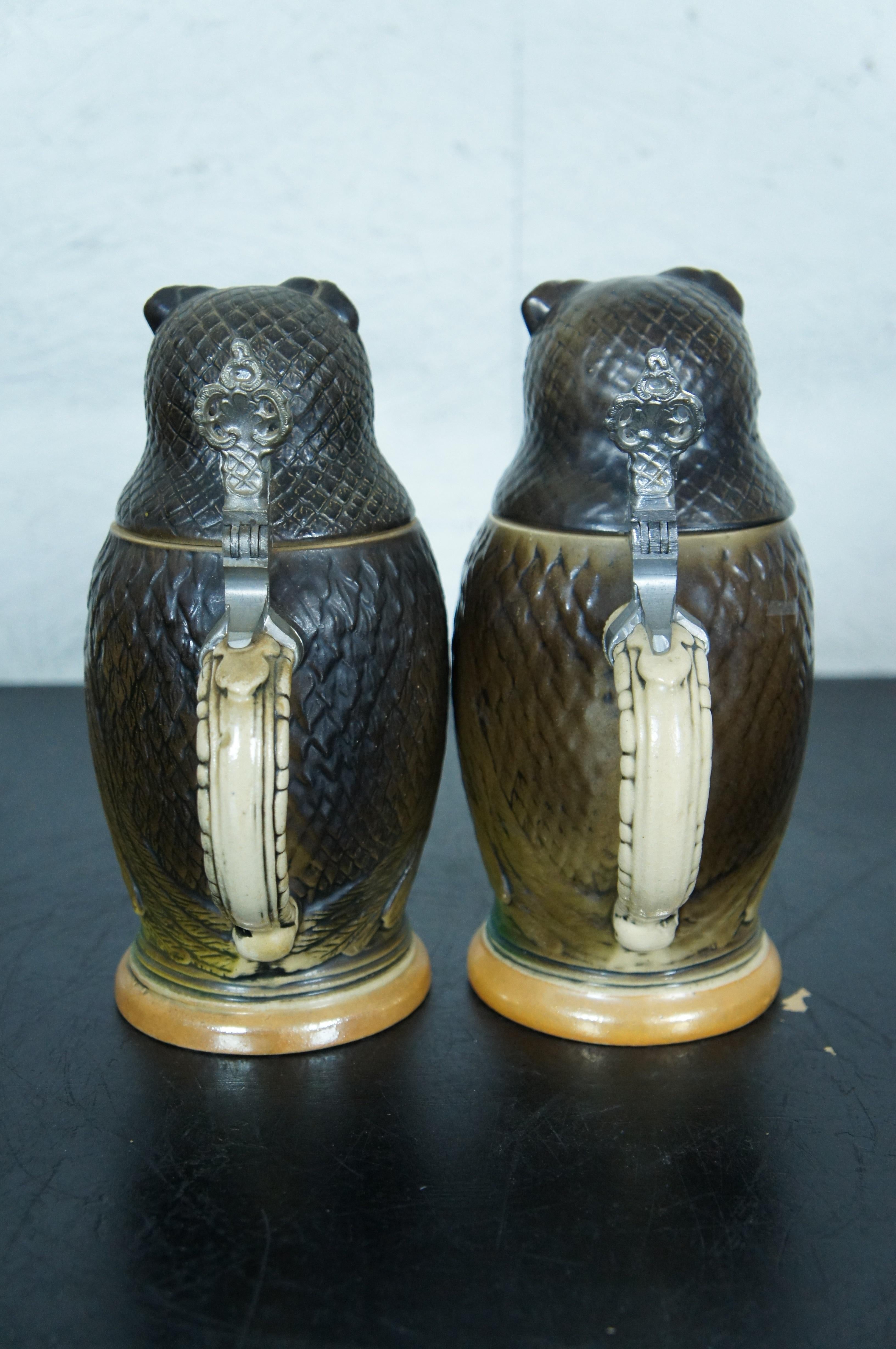 20ième siècle Matthias Girmscheid Figural German Ceramic Owl Character Beer Stein Lid n°740 en vente