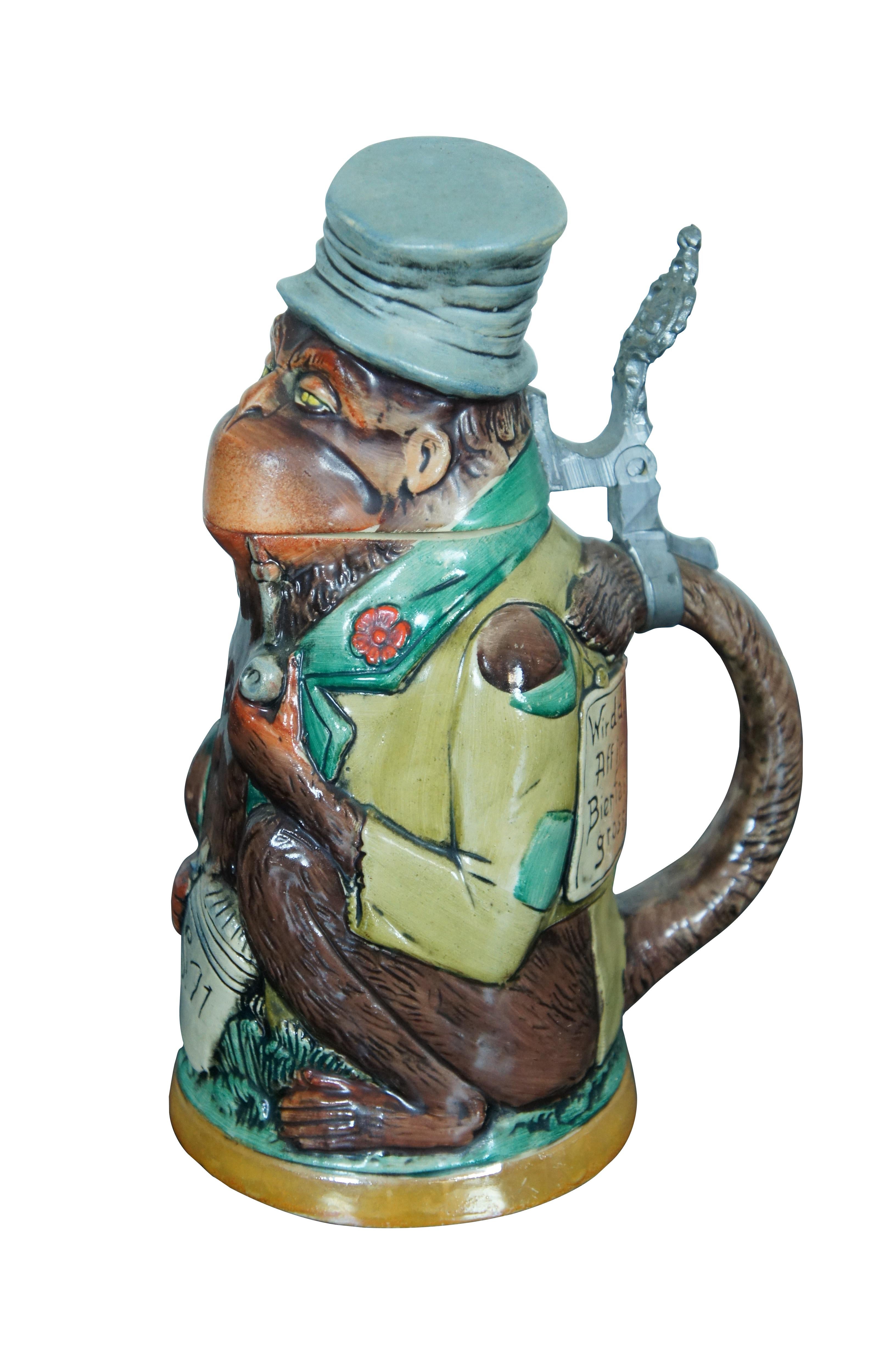 German pottery stein by Matthias Girmscheid.  Modeled as a monkey with top hat and pipe.

Marked 828 to the base.

