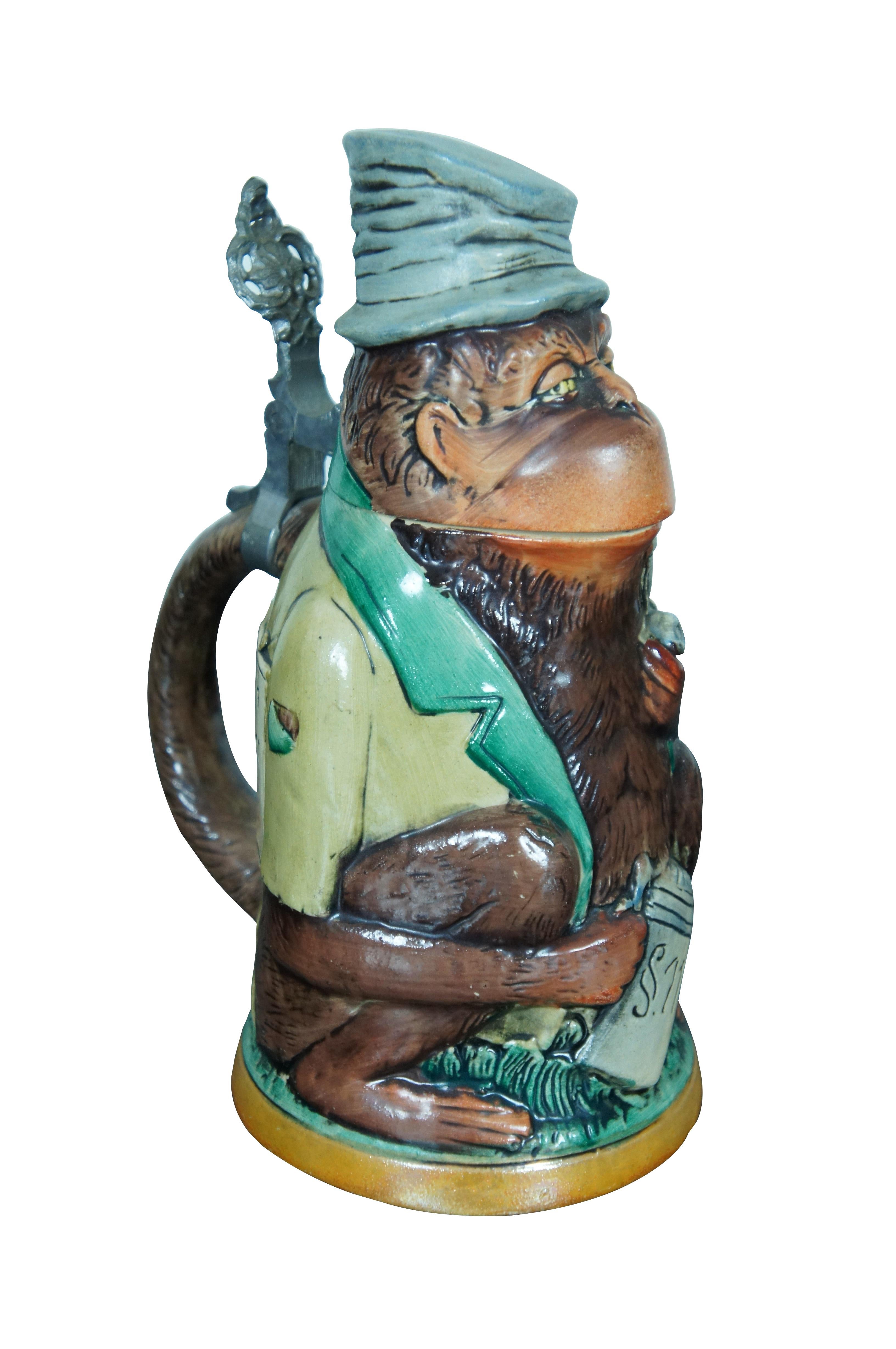 Matthias Girmscheid Rare Figural German Ceramic Monkey Character Beer Stein Lid In Good Condition For Sale In Dayton, OH