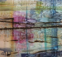 "Benson Lake, " large scale abstract painting of water with branches and reeds