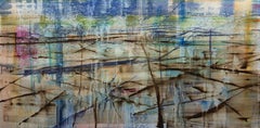"Benson Lake, " large scale abstract painting of water with branches and reeds