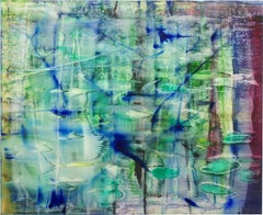 "grünes Wasser, " abstract painting of pond with waterlilies, in green and blue