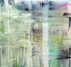 "Kyoto, 2, " abstract painting in pink, blue, green and yellow