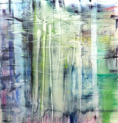 "Kyoto, 2, " abstract painting in pink, blue, green and yellow