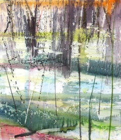"Reeds, " abstract painting of pond in blue, red, green, black