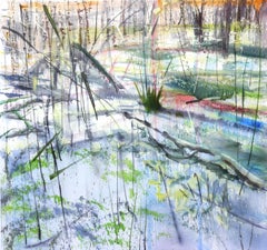 "Reeds, " abstract painting of pond in blue, red, green, black