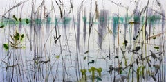 "Reservoir, " abstract paintings of reeds along the shore, blue and gray