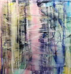 "The Pond," abstract painting of reflections in water, in pink, yellow and blue