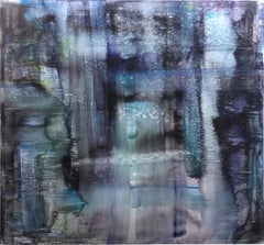 "Ueno, " abstract, moody painting in blue and black