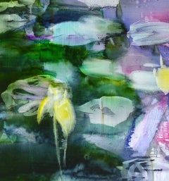 "Waldsee 2, " abstract painting of pond with water lilies, pink and blue