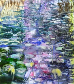 "Waldsee 2, " abstract painting of pond with water lilies, pink and blue