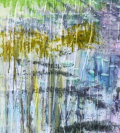 "Waldsee, " abstract painting of pond with water lilies, pink, blue, green