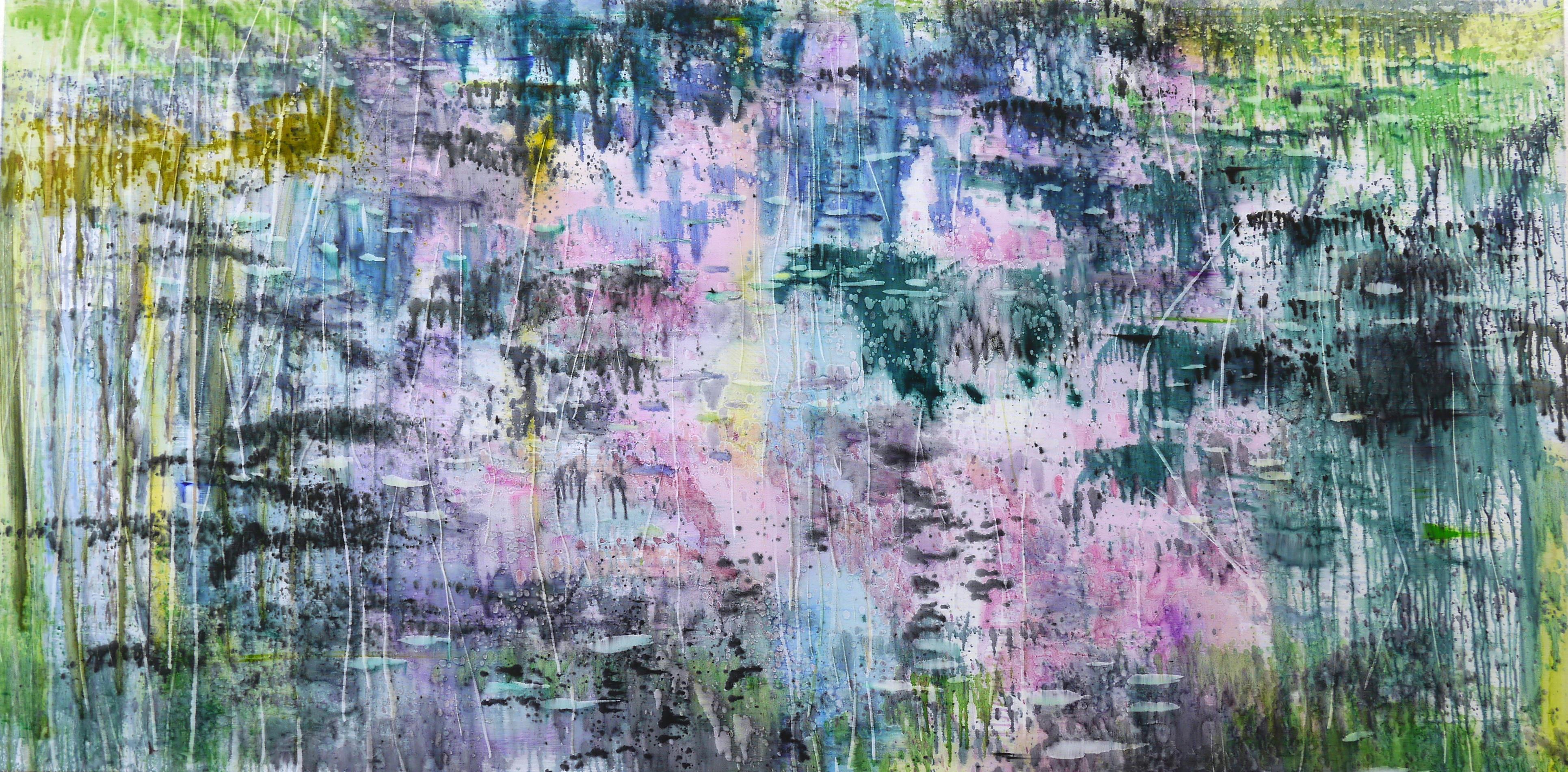"Waldsee, " abstract painting of pond with water lilies, pink, blue, green - Painting by Matthias Meyer