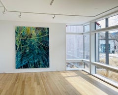 "Zweige, " large scale abstract painting of branches and grasses, blue and green