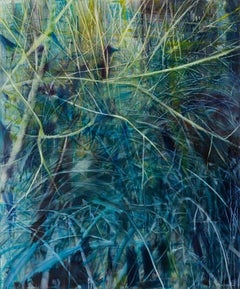 "Zweige," large scale abstract painting of branches and grasses, blue and green