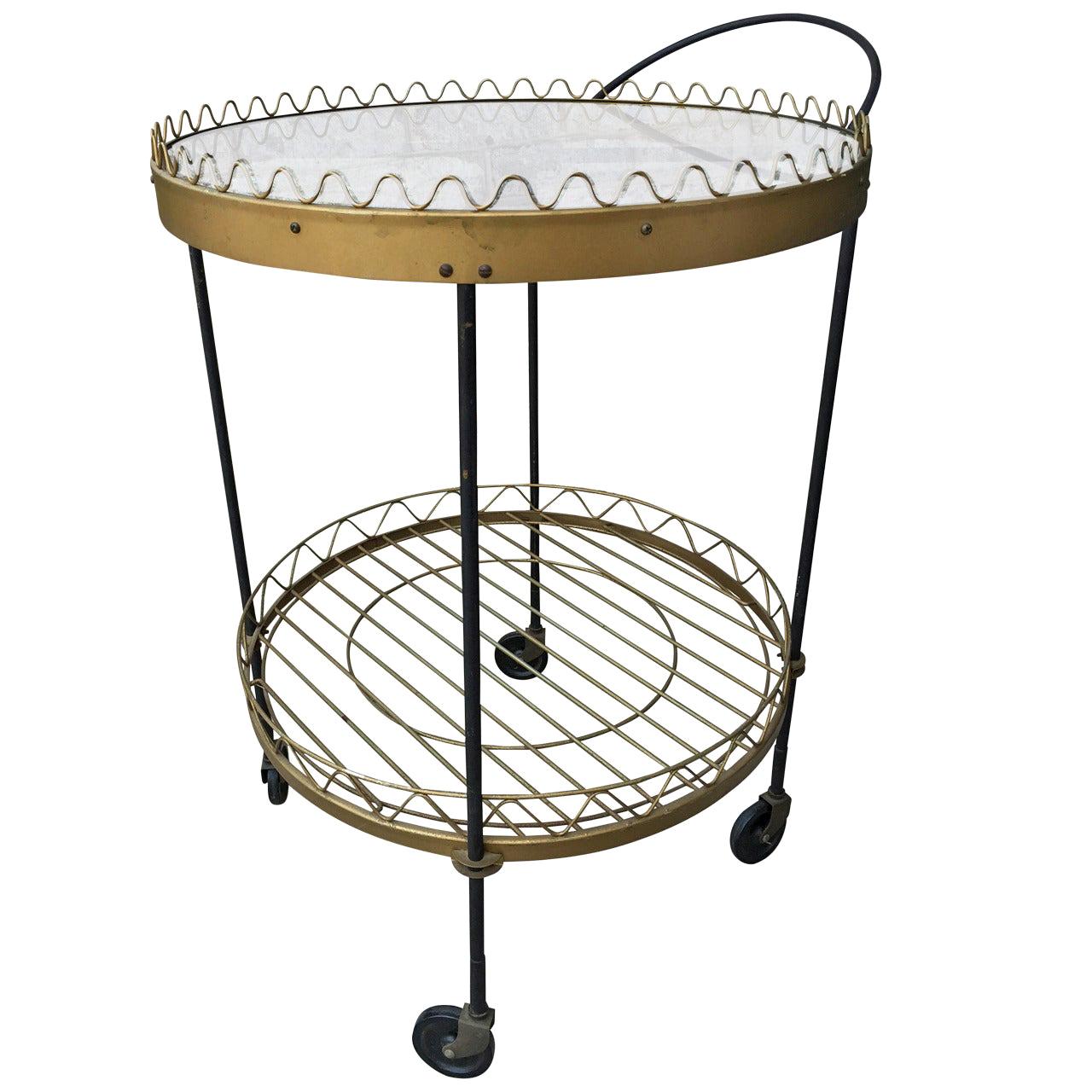 French Distressed Round Two-Tier Rolling Bar Cart